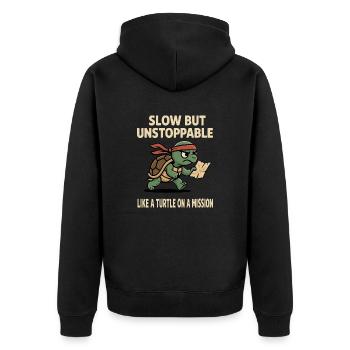Slow but unstoppable Like a turtle on a mission - Unisex Premium Organic Zip Hoodie - black - Back - Nico (187cm)