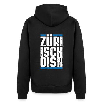 Züri isch öis - Unisex Premium Bio Zip Hoodie - Schwarz - Hinten - Nico (187cm)