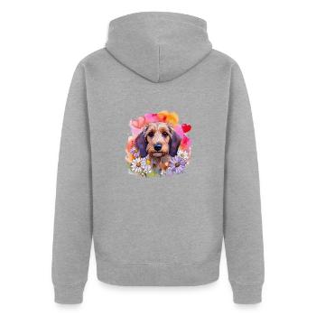 Bunter Rauhaardackel / Dackel mit Blumenkranz - Unisex Premium Bio Zip Hoodie - Grau meliert - Hinten - Nico (187cm)