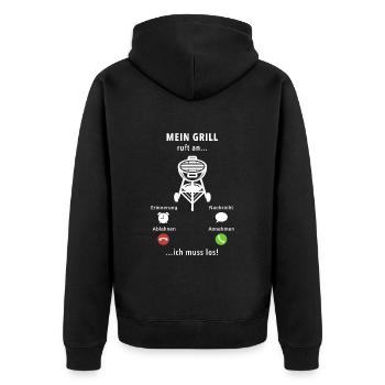 Mein Grill ruft an - ich muss los - Spruch - Unisex Premium Bio Zip Hoodie - Schwarz - Hinten - Nico (187cm)
