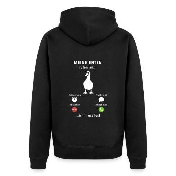 Meine Ente ruft an - ich muss los - Spruch - Unisex Premium Bio Zip Hoodie - Schwarz - Hinten - Nico (187cm)
