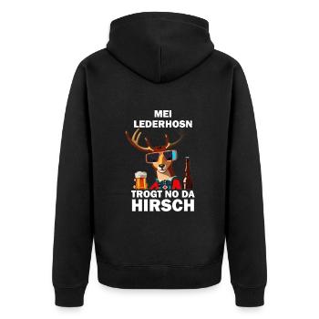 Lederhose Hirsch Tracht Bayrisch Trachten Ersatz - Unisex Premium Bio Zip Hoodie - Schwarz - Hinten - Nico (187cm)