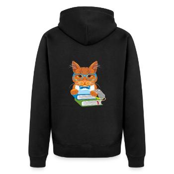 Kluge Ingwerkatze mit Büchern und lustiger Maus - Unisex Premium Bio Zip Hoodie - Schwarz - Hinten - Nico (187cm)