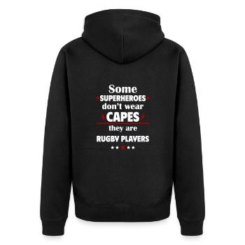Manche Helden tragen keine Umhänge, sie sind Rugby - Unisex Premium Bio Zip Hoodie - Schwarz - Hinten - Nico (187cm)