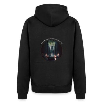 Kommt immer pünktlich an! - Unisex Premium Bio Zip Hoodie - Schwarz - Hinten - Nico (187cm)
