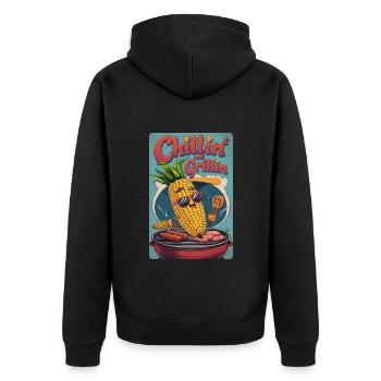 Retro BBQ Design Chillin and Grillin mit entspann - Unisex Premium Bio Zip Hoodie - Schwarz - Hinten - Nico (187cm)