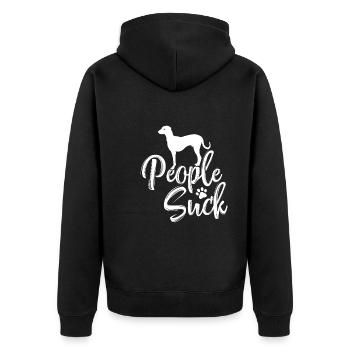 Ich liebe meinen Black Mouth Cur - "People Suck" - Unisex Premium Bio Zip Hoodie - Schwarz - Hinten - Nico (187cm)