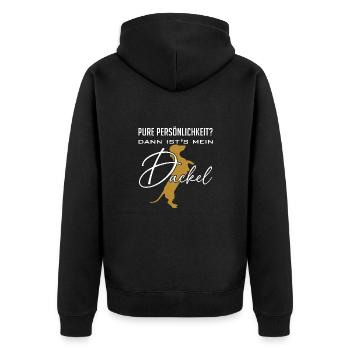 Pure Persönlichkeit und Intelligenz - mein Dackel - Unisex Premium Bio Zip Hoodie - Schwarz - Hinten - Nico (187cm)