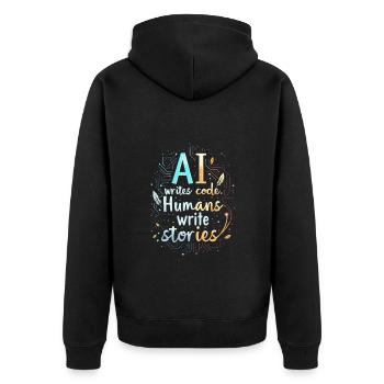 AI Writes Code - Humans Write Stories - Unisex Premium Organic Zip Hoodie - black - Back - Nico (187cm)