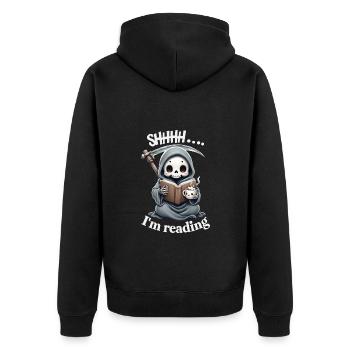 Sensenmann liest ein Buch mit Kaffee - Unisex Premium Bio Zip Hoodie - Schwarz - Hinten - Nico (187cm)