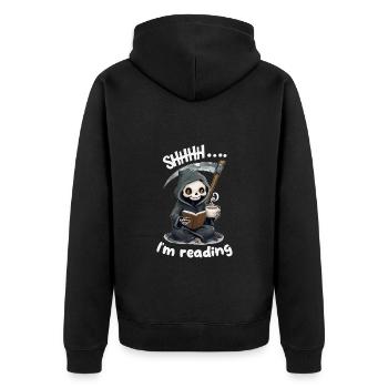 Sensenmann liest ein Buch mit Kaffee - Unisex Premium Bio Zip Hoodie - Schwarz - Hinten - Nico (187cm)