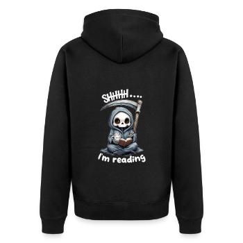 Sensenmann liest ein Buch mit Kaffee - Unisex Premium Bio Zip Hoodie - Schwarz - Hinten - Nico (187cm)