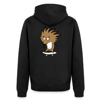 Skate-Igel "Knut H. Heckmann" - Unisex Premium Bio Zip Hoodie - Schwarz - Hinten - Nico (187cm)