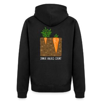 Karotte, Karotten, Möhre, innere Werte, Vergleich - Unisex Premium Bio Zip Hoodie - Schwarz - Hinten - Nico (187cm)