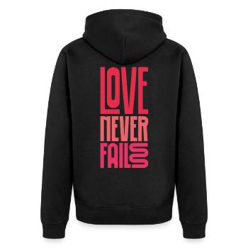 love never fails - Unisex Premium Bio Zip Hoodie - Schwarz - Hinten - Nico (187cm)