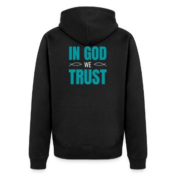 Dans god nous trust - Le poisson cadeau chrétien - Veste à capuche bio Premium Unisexe - noir - Dos - Nico (187cm)