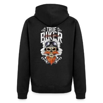 biker totenkopf motorrad - Unisex Premium Bio Zip Hoodie - Schwarz - Hinten - Nico (187cm)