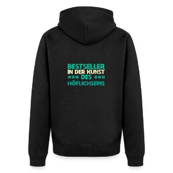 Bestseller In Der Kunst Des Höflichseins - Unisex Premium Bio Zip Hoodie - Schwarz - Hinten - Nico (187cm)