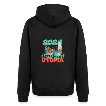Narrenschiff Utopia im Jahr 2024 - Unisex Premium Bio Zip Hoodie - Schwarz - Hinten - Nico (187cm)