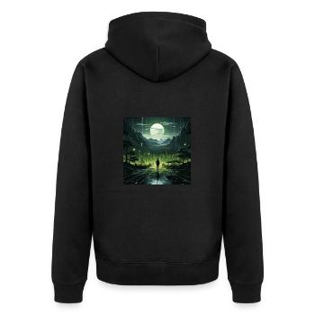 Futuristisch in der Zukunft - Unisex Premium Bio Zip Hoodie - Schwarz - Hinten - Nico (187cm)