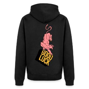 GOOD LUCK | Retro | Vintage | Design - Unisex Premium Bio Zip Hoodie - Schwarz - Hinten - Nico (187cm)