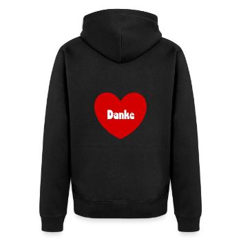 Danke Herz rot weiß - Unisex Premium Bio Zip Hoodie - Schwarz - Hinten - Nico (187cm)