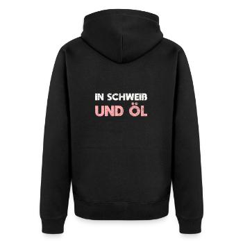 In Schweiß Und Öl - Unisex Premium Bio Zip Hoodie - Schwarz - Hinten - Nico (187cm)