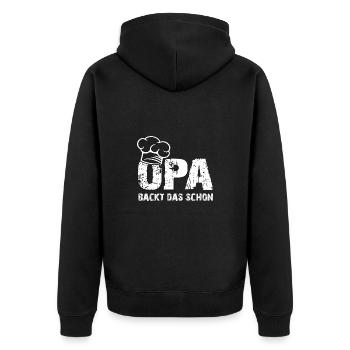 Opa backt das schon mit Bäckermütze und Spruch - Unisex Premium Bio Zip Hoodie - Schwarz - Hinten - Nico (187cm)