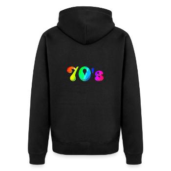 70s | Siebziger | Jahrzehnt | Symbol - Unisex Premium Bio Zip Hoodie - Schwarz - Hinten - Nico (187cm)