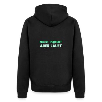 Nicht Perfekt, Aber Läuft - Unisex Premium Bio Zip Hoodie - Schwarz - Hinten - Nico (187cm)