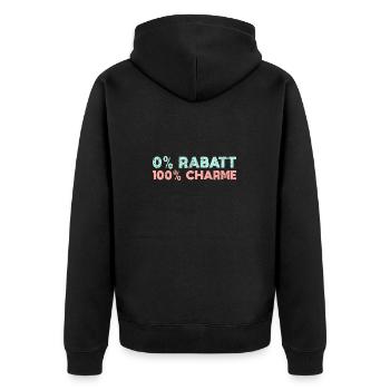 0% Rabatt, 100% Charme - Unisex Premium Bio Zip Hoodie - Schwarz - Hinten - Nico (187cm)