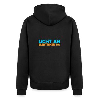 Licht An, Elektriker Da - Unisex Premium Bio Zip Hoodie - Schwarz - Hinten - Nico (187cm)