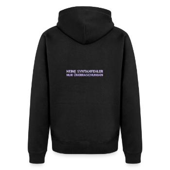 Keine Syntaxfehler, Nur Überraschungen - Unisex Premium Bio Zip Hoodie - Schwarz - Hinten - Nico (187cm)