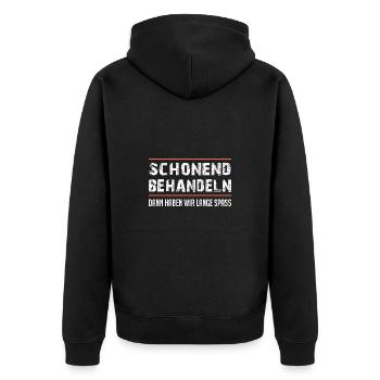 Schonend behandeln lustige Lebensweisheit - Unisex Premium Bio Zip Hoodie - Schwarz - Hinten - Nico (187cm)
