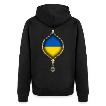 UKRAINE | FLAG | URBAN SYNTHETICS - Unisex Premium Bio Zip Hoodie - Schwarz - Hinten - Nico (187cm)