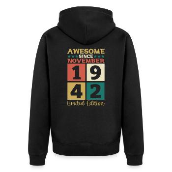 November born 1942 80th birthday present - Unisex Premium Organic Zip Hoodie - black - Back - Nico (187cm)