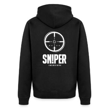 THE SNIPER white - Unisex Premium Bio Zip Hoodie - Schwarz - Hinten - Nico (187cm)