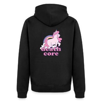 Lustig Deathcore Einhorn Regenbogen Metalhead - Unisex Premium Bio Zip Hoodie - Schwarz - Hinten - Nico (187cm)