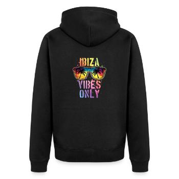 Ibiza Vibes Spruch - Unisex Premium Bio Zip Hoodie - Schwarz - Hinten - Nico (187cm)