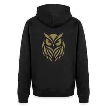 Weise Waldeule: Silhouettenkunst des Waldkauzes - Unisex Premium Bio Zip Hoodie - Schwarz - Hinten - Nico (187cm)