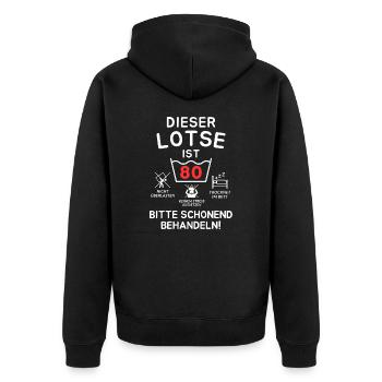 Dieser Lotse ist 80. Schonend behandeln - Unisex Premium Bio Zip Hoodie - Schwarz - Hinten - Nico (187cm)