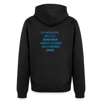 benehmen onkel hellblau - Unisex Premium Bio Zip Hoodie - Schwarz - Hinten - Nico (187cm)