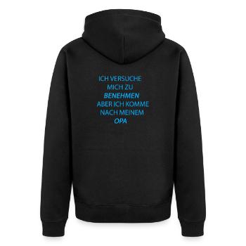 benehmen opa hellblau - Unisex Premium Bio Zip Hoodie - Schwarz - Hinten - Nico (187cm)