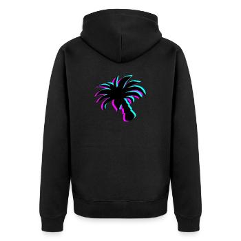 Neon Paradise: UV-leuchtende Palmen-Silhouette - Unisex Premium Bio Zip Hoodie - Schwarz - Hinten - Nico (187cm)