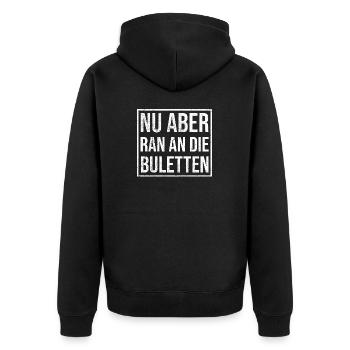 Nu aber ran an die Buletten grunge white - Unisex Premium Bio Zip Hoodie - Schwarz - Hinten - Nico (187cm)