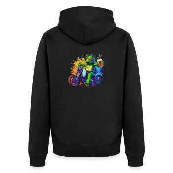 Bunter Frosch mit Motorrad und Bier - Unisex Premium Bio Zip Hoodie - Schwarz - Hinten - Nico (187cm)