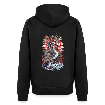 Japanischer Drache Ukiyo-E Stil mit Kanagawa Welle - Unisex Premium Bio Zip Hoodie - Schwarz - Hinten - Nico (187cm)