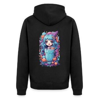 Gothic Kawaii Anime Milkshake Girl Süßigkeiten - Unisex Premium Bio Zip Hoodie - Schwarz - Hinten - Nico (187cm)
