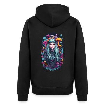 Magischer Mushroom Wald Psytrance Girl Design - Unisex Premium Bio Zip Hoodie - Schwarz - Hinten - Nico (187cm)