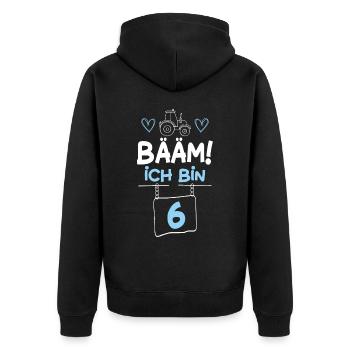 Bääm Ich Bin 6 Traktor - Unisex Premium Bio Zip Hoodie - Schwarz - Hinten - Nico (187cm)